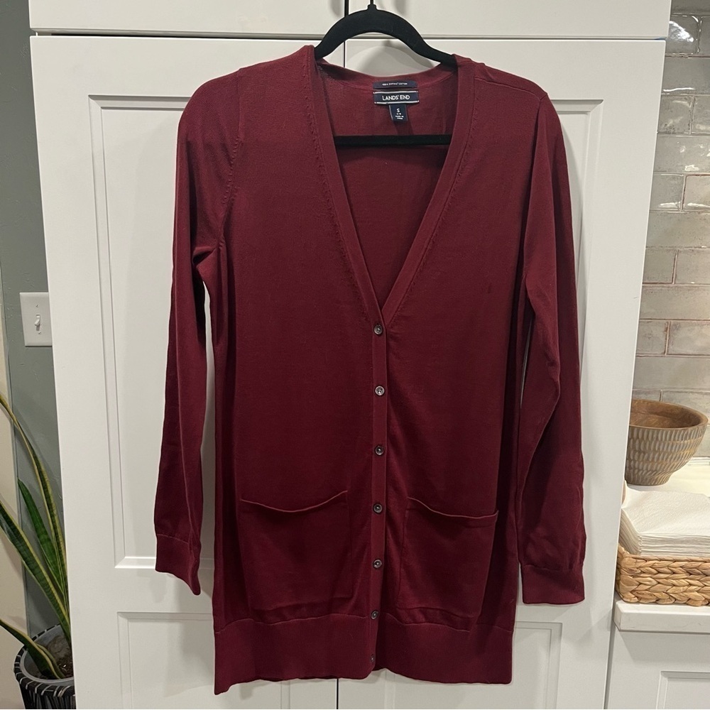 Lands End Burgundy Supima Cotton Long Cardigan Small